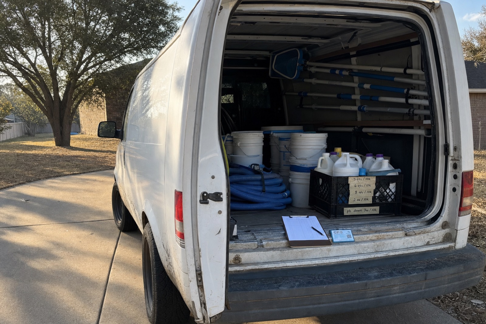 Service van parked in a driveway with route sheet, chemicals, and CPO card visible