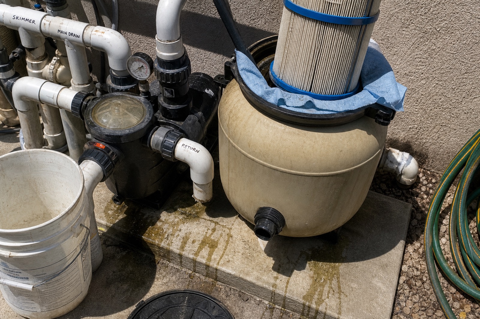 Pump and cartridge filter on a residential pool equipment pad mid-service